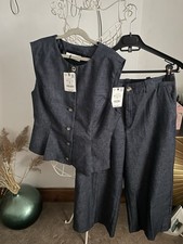 Zara Co Ord Set Linen Blend High Waist Culottes Trousers Waistcoat With Darts M