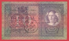 Austria-Hungary, 10 crone 1904 stamp  CITTA di FIUME  type IV ,1919/20. P-S107d