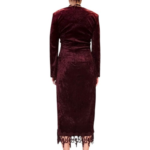 90s Burgundy Crushed Velvet Longsleeve Midi Dress Gothic Sz 6 Crochet Lace - Picture 6 of 9