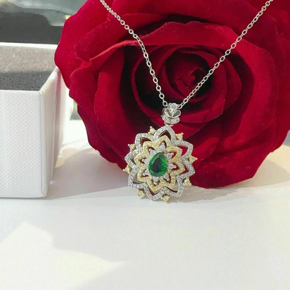 14k White Gold Plated Silver 3Ct Lab-Created Emerald Pendant 18 Chain Pear Cut - Image 4 of 4