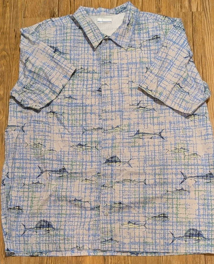 Columbia PFG Swordfish Print Fishing Shirt Button Front Short Sleeve Mens XL 1