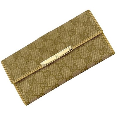 Vintage Gucci GG Canvas Beige Leather Bi-Fold Long Wallet Gold Hardware Unisex