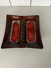 Mid Century Modern "Made in USA" Orange & Brown Glazed Square Ashtray - MCM