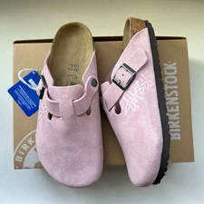 Birkenstock Boston x Stussy Pink Clogs Suede Leather Shoes Wide Fit Size US 6-12