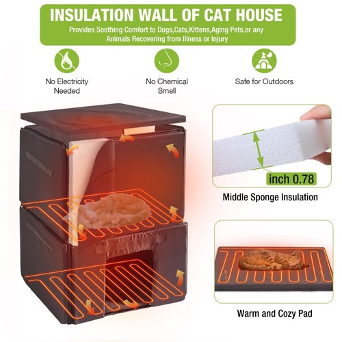 Outdoor Heated Cat House, Weatherproof Wooden Feral Cat Shelter with Escape Door - Picture 2 of 7