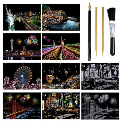 8 Sheets Scratch Art, Adult Scratch Rainbow Painting Art Paper, City Painting...