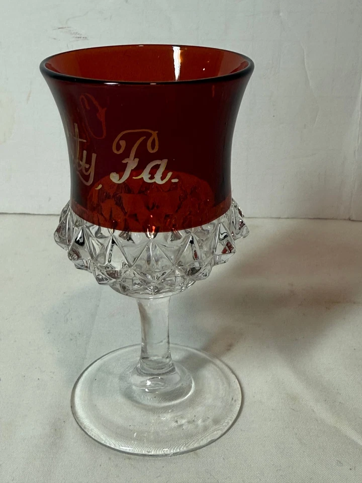Antique EAPG Ruby OIL CITY Etched Glass Cordial Goblet 4" T - Image 2 of 4