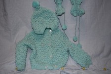 Vintage Mint Green Bobble Knit Crocheted Baby 2 Piece Winter Set, Made in Spain