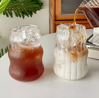 1pc 500ml Glass Cup Heat-Resistant Stripe Tumbler Mug for Tea Coffee Juice - NEW