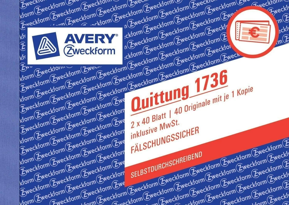 10er Sparpack Avery Zweckform 1736 Quittung inkl. MwSt., DIN A6 quer - SOFORT