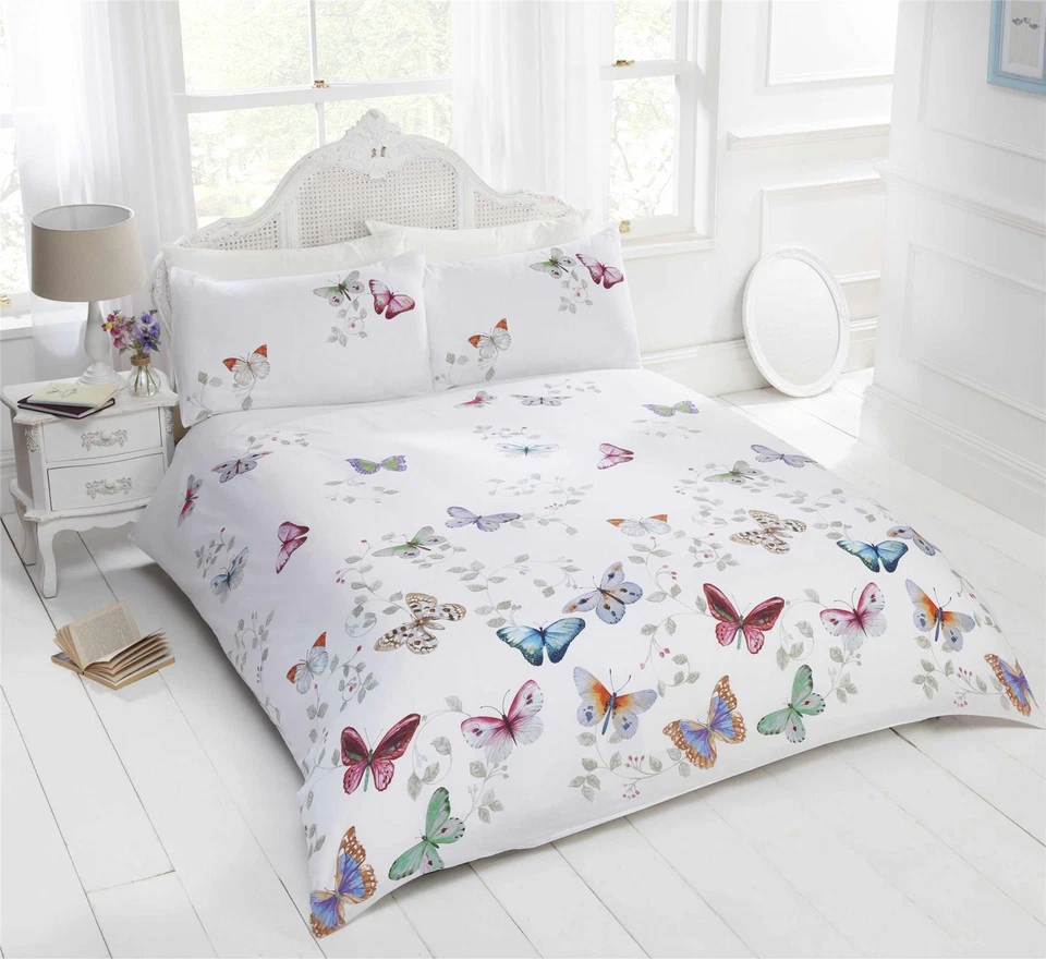 HOMESPACE DIRECT Butterflies Duvet Cover Bedding Bed Set Bed Linen Girls White Quilt Cover New