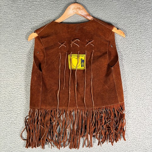 Vintage 90s Youth Small Suede Fringe Vest Beaded Patches leather Western - Picture 2 of 6