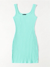 Blue Scoop Neck Rib-knit Bodycon Pencil Casual Summer Slim Dress Sz XS S M L