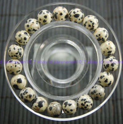 Natural 10mm White Black Dalmatian Spot Gems Round Beads Elastic Bracelet 7.5''