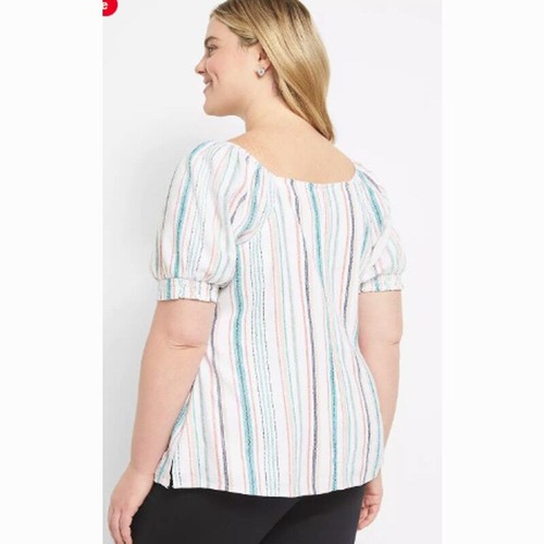 Lane Bryant 14W X-Large Linen Blend Coastal Stripe Square Neck Blouse XL NEW - Picture 2 of 14