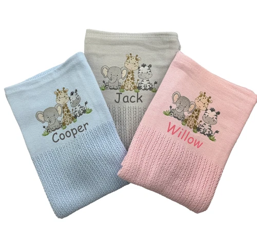 Personalised Safari Design Baby Cellular Blanket  100% Cotton Ideal Baby Gift