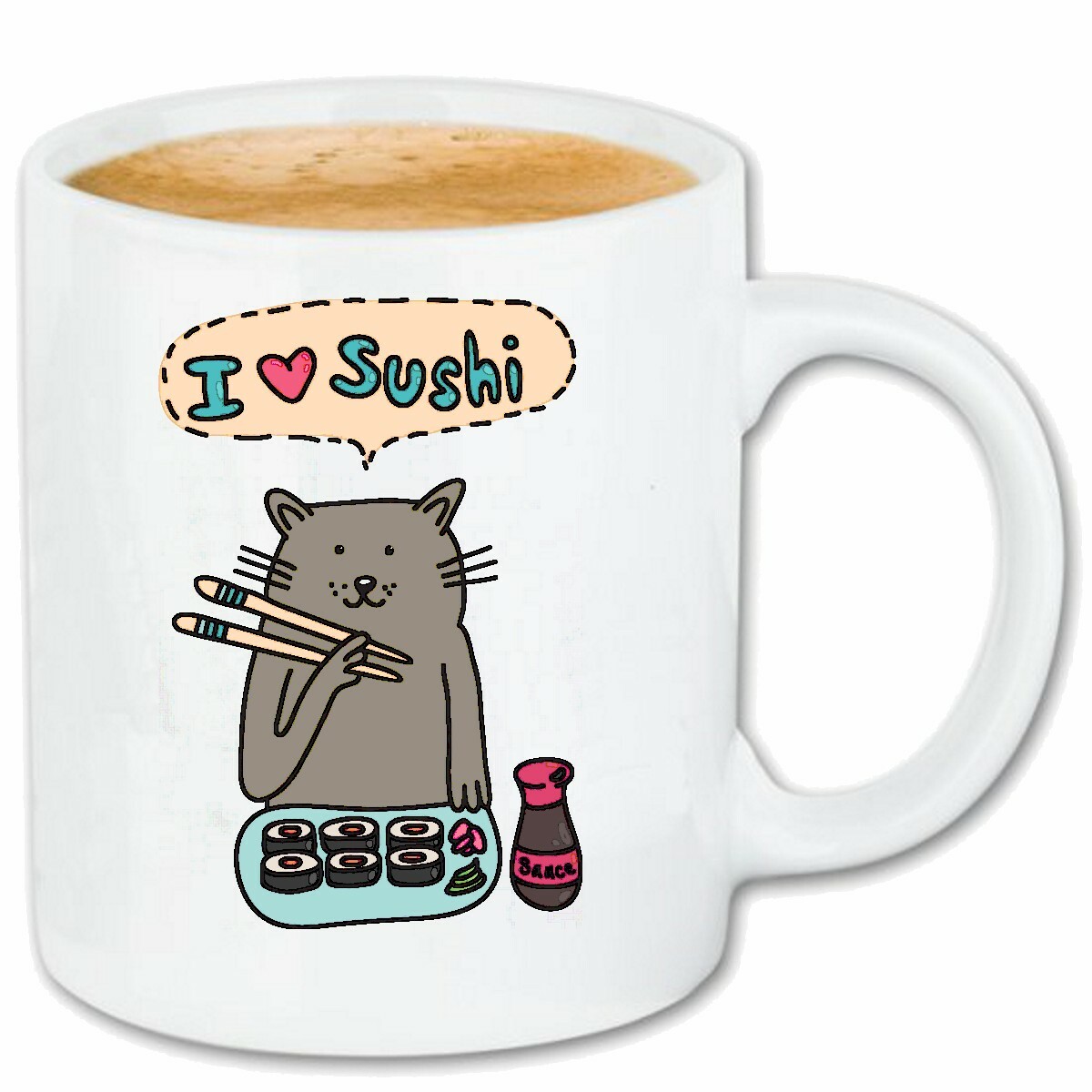 Kaffeetasse I LOVE SUSHI KATZE MIT STÄBCHEN BEIM SUSHI ESSEN FISCH REIS LIEBLING