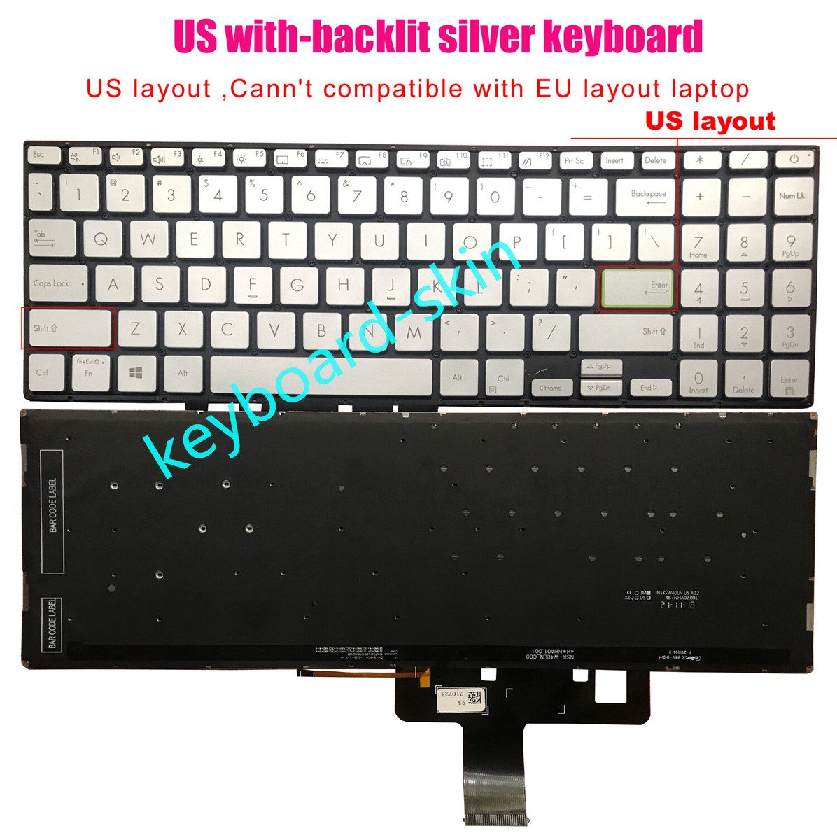 New Silver US backlit Keyboard for Asus Vivobook S533 S533E S533EA