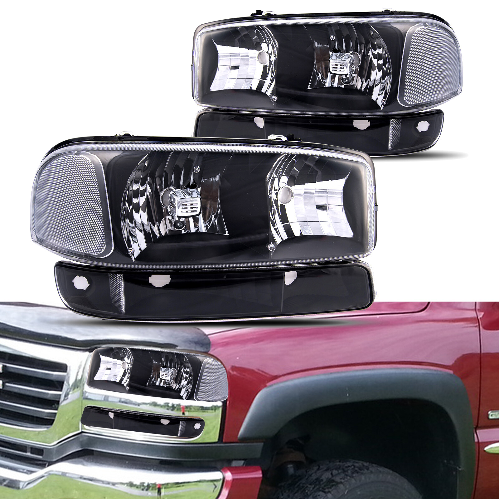Pair For 2007 GMC Sierra 1500/2500 HD 3500 Headlights+Bumper Lamps Assembly