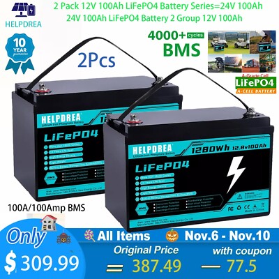 12V 100Ah 200Ah LiFePO4 Lithium Battery 2 Pack Deep Cycle BMS Solar RV Off-grid