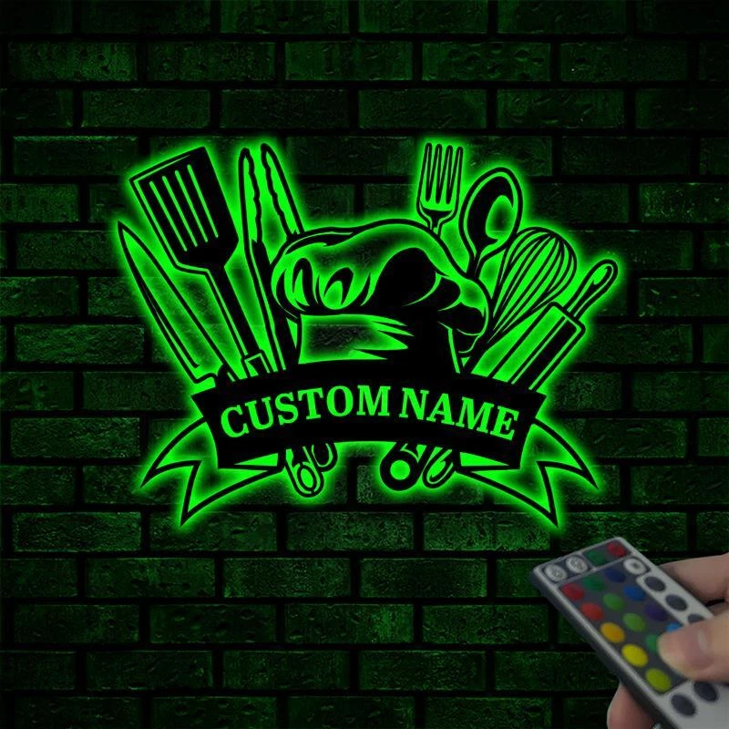 Herramientas de chef personalizadas arte de pared de metal con luces LED, herramientas de cocina letreros Foto 3 de 4