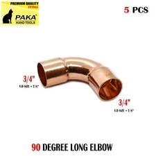 5 PCS  3/4" CxC Wrot Copper 90° Long Turn Elbow For 7/8"O.D. Pipe