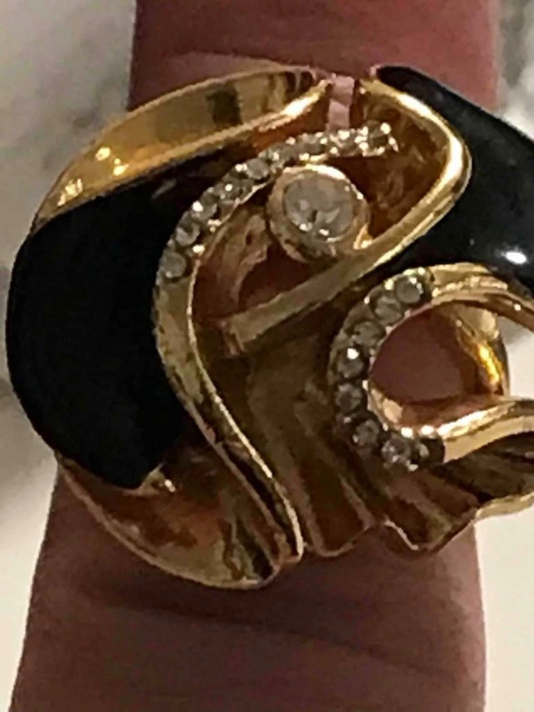 Bague UNIQUE vintage Queen CD Christian Dior noir onyx diamant cristal or pl
