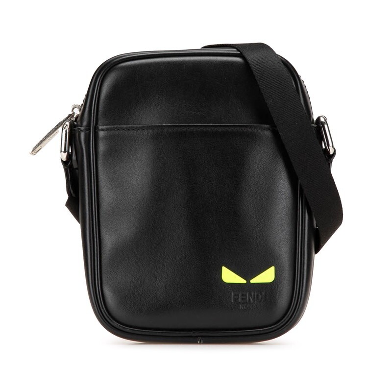 Fendi Ice-U Shoulder Bag Calf Leather Black Neon Yellow Men Used Authentic