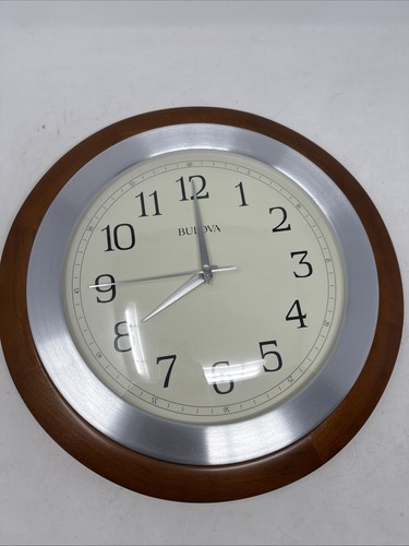 Bulova Reedham Analog Quartz Solid Wood w/ Aluminum Trim 14" Wall Clock - C4228