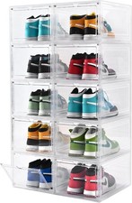 10 Pack Large Shoe Boxes Clear Plastic Stackable Drop Front with Door Containers