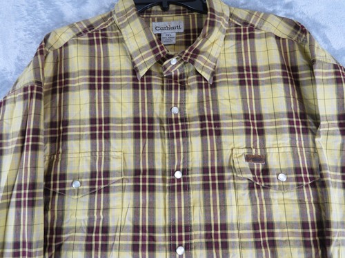 Carhartt Hemd Herren 2XL gelb braun kariert Knopfleiste Pearl Snap Western Workwear