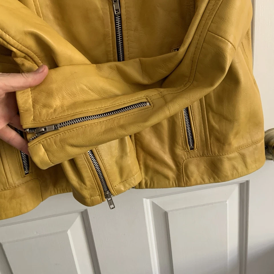 Yellow real LEATHER Moto Jacket Women sz 2XL JilD New LeatherInn Wrist Zips - Image 3 of 4