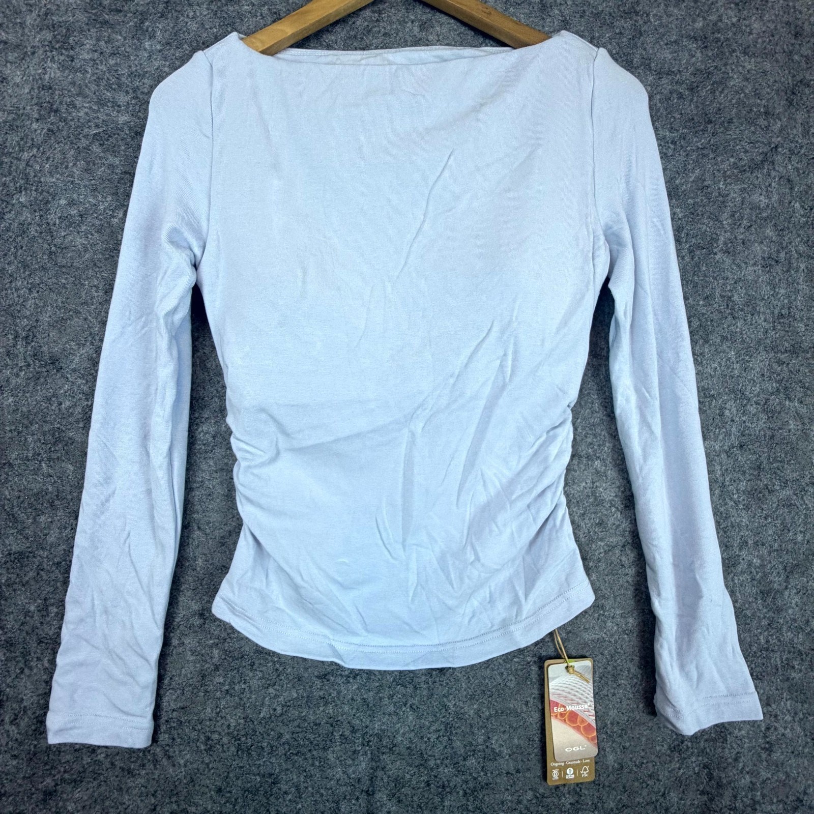 OGL Move Eco Mousse Prowarm Modern Side Ruched Boatneck Brami Top Womens M Blue