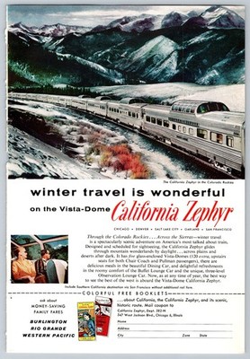 1958 California Zephyr Winter Travel Vista-Dome Train Magazine Print Ad