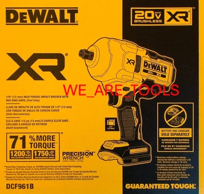 Dewalt DCF961B 20V XR 1/2" High Torque Impact Wrench w/ Hog Ring Anvil 20 Volt