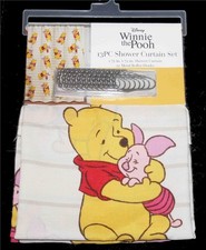 13-Pc Disney Winnie Pooh Piglet Shower Curtain Silver Metal Roller Hooks NWT
