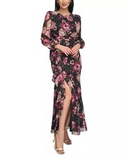 Eliza J BOHO Floral Print Long Sleeve Ruffle Cascade Feminie Maxi Dress 6