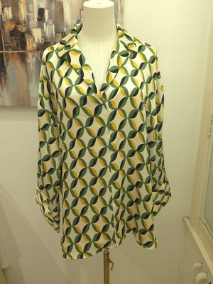 F&F Retro Hemdbluse mit geometrischem Print UK 18 grün gelb 70er Style flippig
