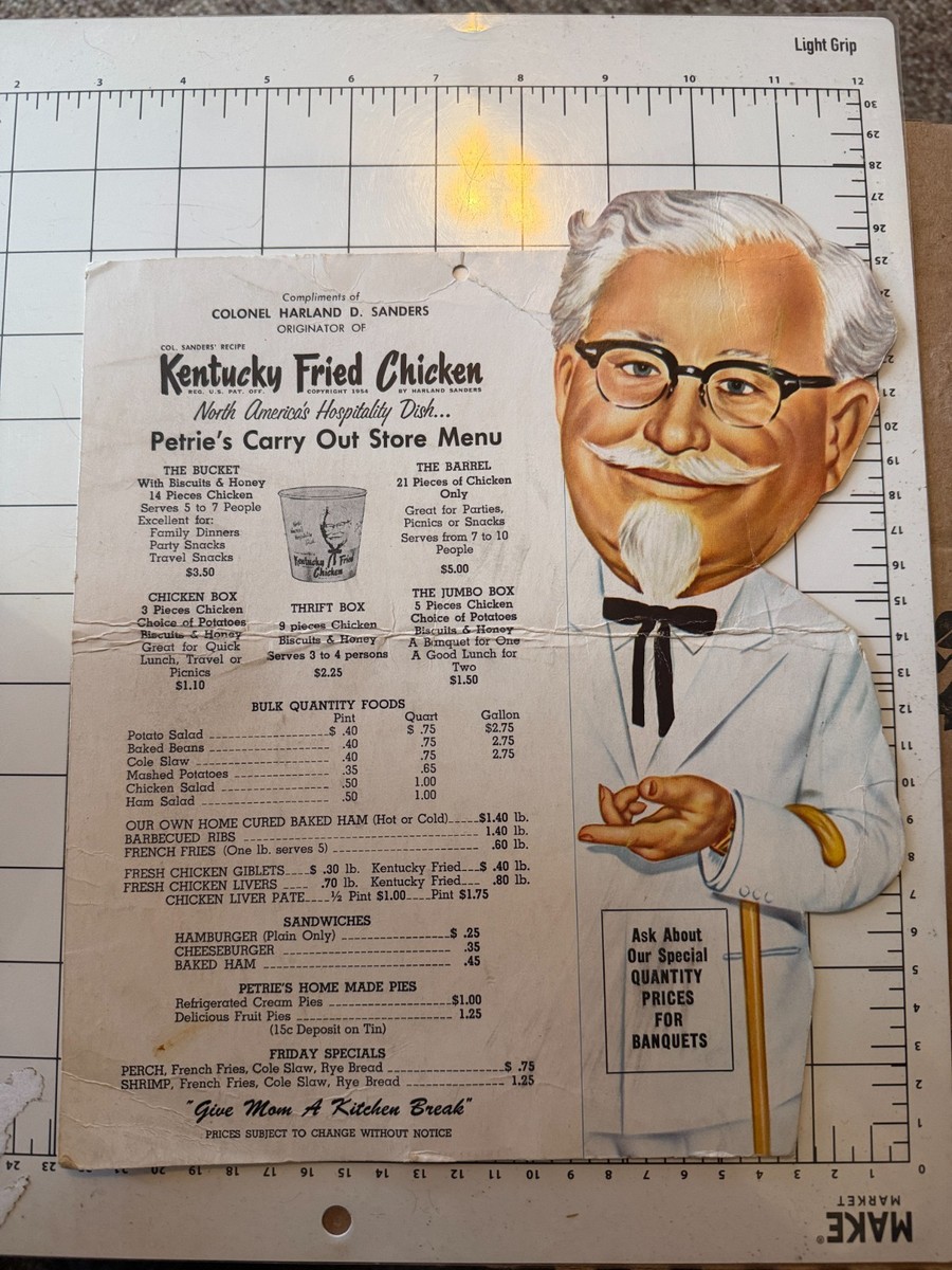 Original 1950's KFC Kentucky Fried Chicken Colonel Sanders Menu