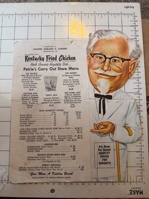 Original 1950's KFC Kentucky Fried Chicken Colonel Sanders Menu Diecut w Recipes