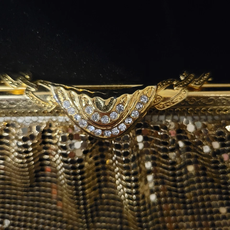 Vtg Elka Clutch Purse Gold Tone Mesh Crystals W/Org bg Of 2 Replacement Crystals - Image 4 of 4