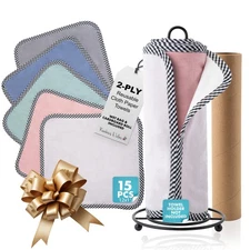 15 Reusable Paper Towels Plus Wet Bag & Cardboard Roll – 2-Ply Soft Absorbent...