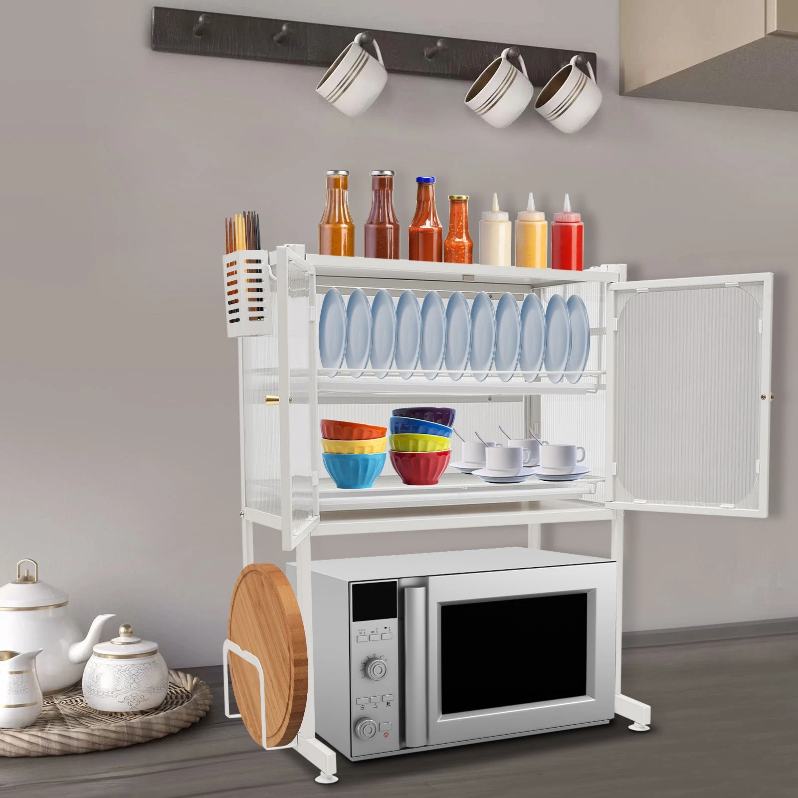 Kitchen Storage Rack, Vertical Microwave Oven Rack, Kitchen Storage Shelf White