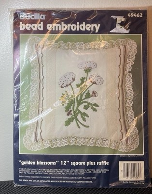 Bucilla  Embroidery  golden Blossom  12  Square W/Ruffle #49462 NEW Vintage Bead