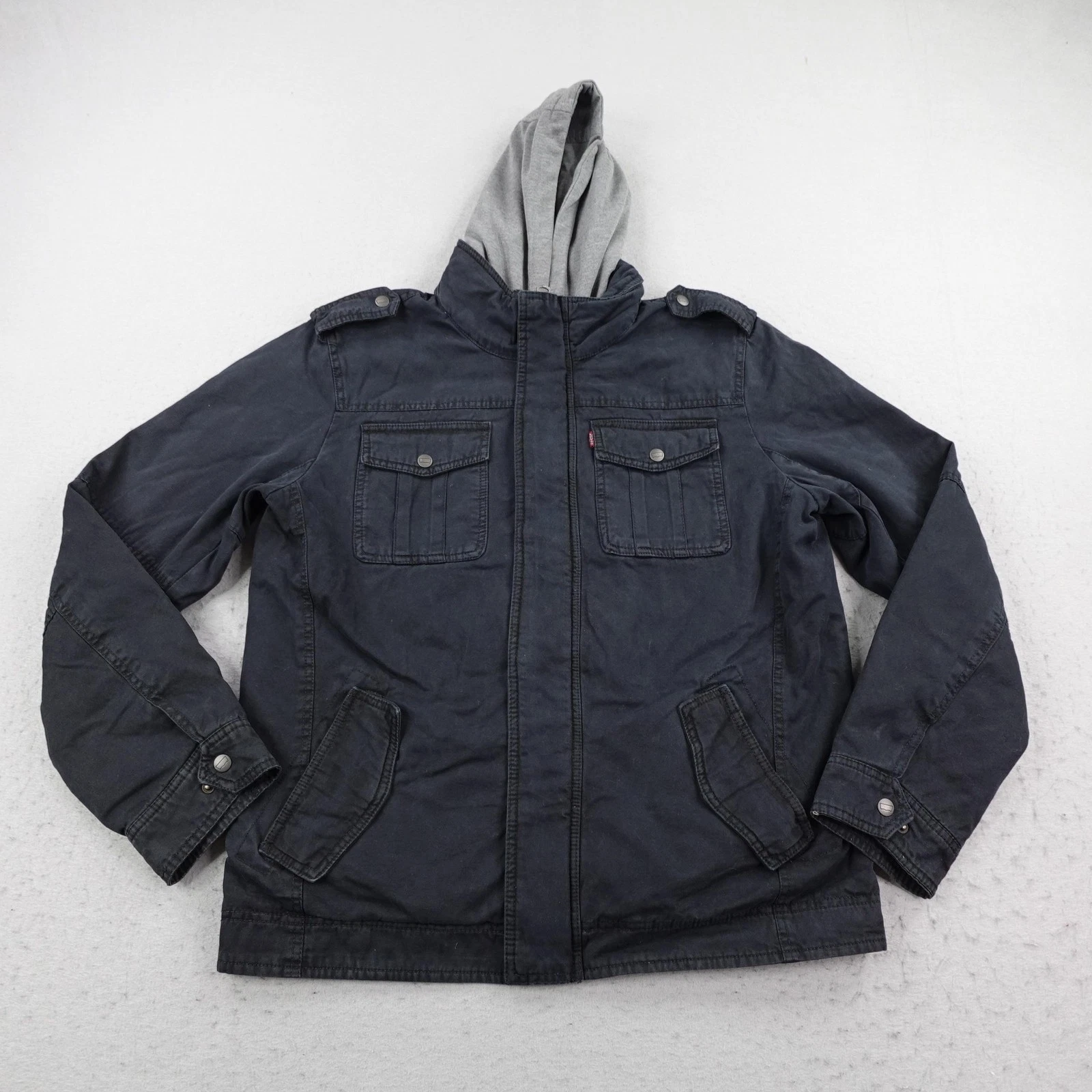 Levis Jacket Mens Medium Black Canvas Hooded Quilted Lined Utility Work Coat