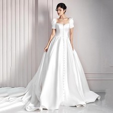 Puff Sleeve Square Neck Satin Wedding Dresses Pearl Buttons Pockets A‑Line Gowns
