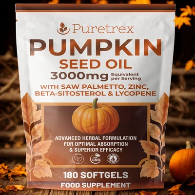 PURETREX Pumpkin Seed Oil 3000mg + Saw Palmetto Zinc Lycopene Beta-Sitosterol 180 Count