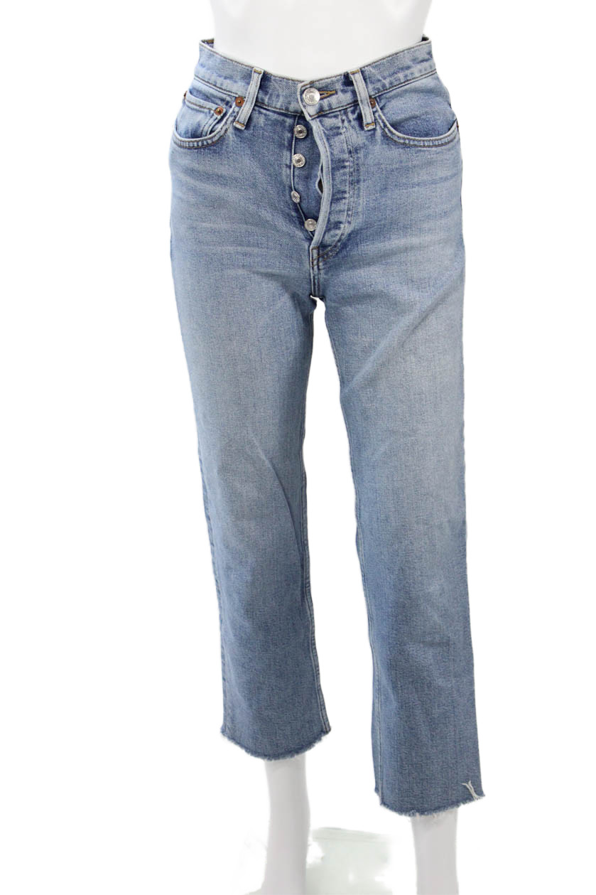 Re/Done Women High Rise Cropped Straight Jeans Blue Button Size 25Free Shipping in US $100+ Orders | $6.95 Orders Below