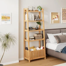 Bamboo Ladder Shelf, Bookshelf with 4 Display Shelves and 1 Open Storage Basket,