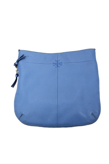 Tory Burch Womens Single Strap Pebbled Leather Logo Crossbody Handbag Blue